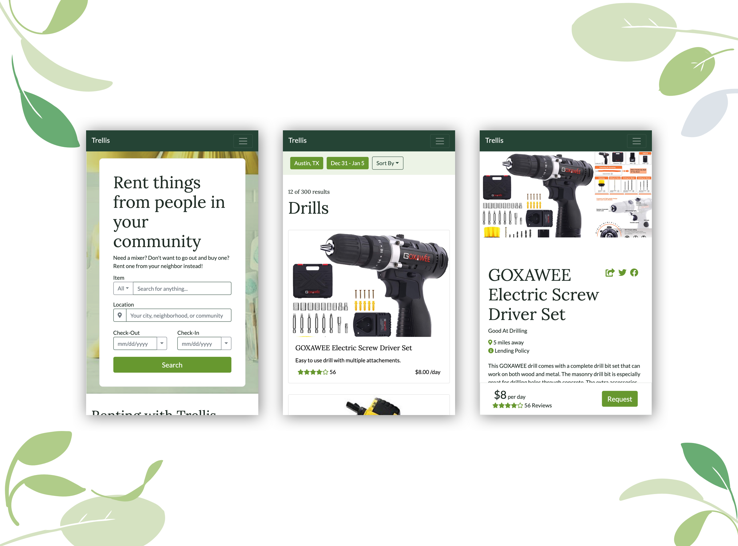 Responsive view of Trellis: Homepage, Product Search Results, and Product Page